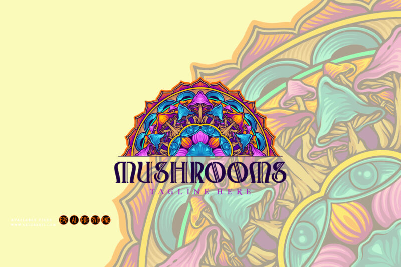 Enchanting half mandala filled with trippy mushroom illustrations