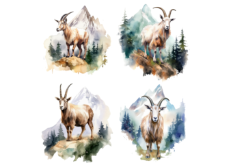 4 Goat With The Mountain Forest Watercolor Style t shirt design graphic bundles, Goat best seller tshirt design, Goat tshirt design, Goat png file