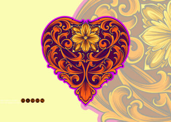 Classic engraved petal ornament heart shaped illustrations