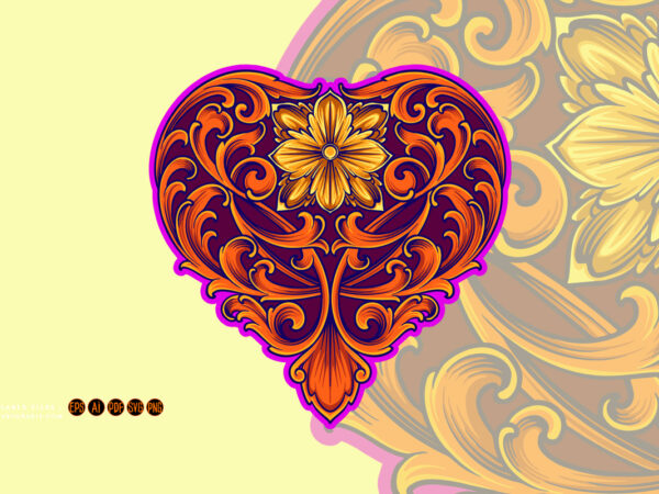 Classic engraved petal ornament heart shaped illustrations t shirt vector file