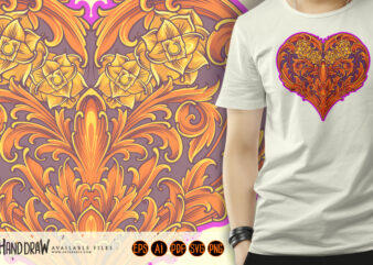 Classical engraved petal heart shaped sophisticated illustrations