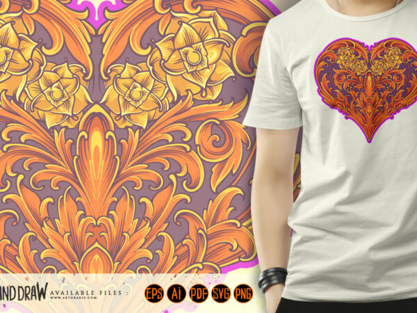 Classical engraved petal heart shaped sophisticated illustrations t shirt vector file