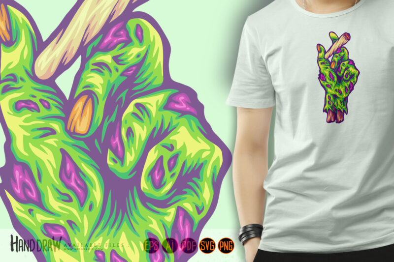 Creepy zombie hand holding weed joint rotten illustration