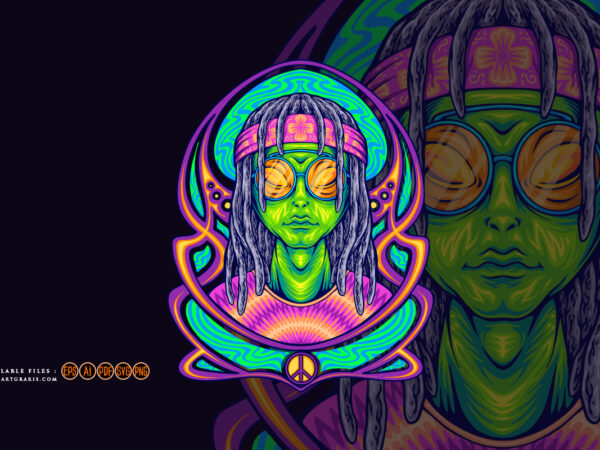 Dreadlock alien dressing hippie with nouveau background illustrations t shirt vector illustration
