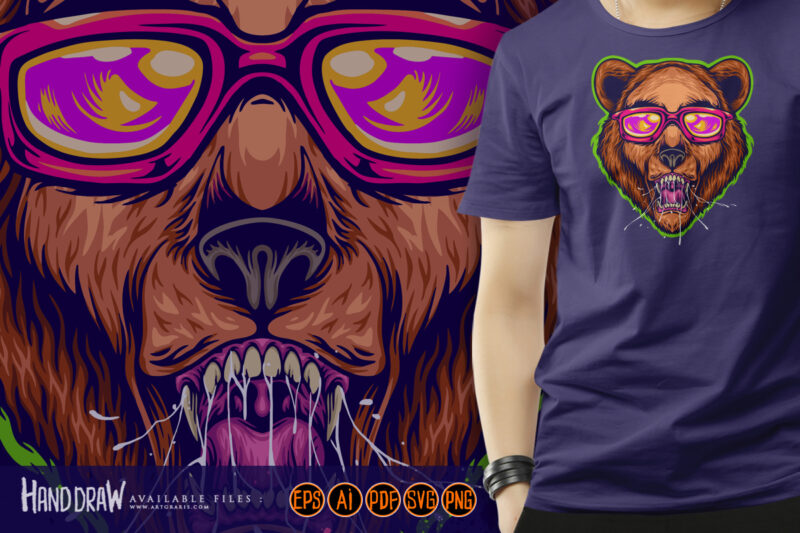 Edgy bear head wearing stylish sunglasses illustration