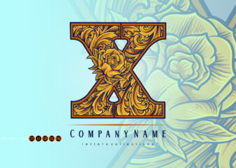 Floral monogram alphabet X elegant engraved ornament
