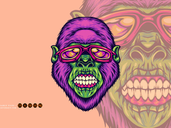Gorilla head sporting sunglasses eye catching illustrations t shirt design template