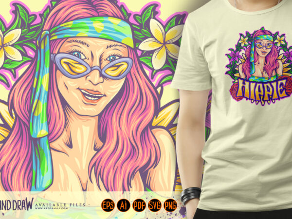 Hippie girl smiling with bohemian frame peaceful illustrations graphic t shirt