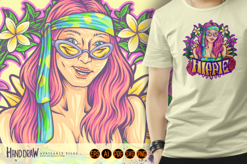 Hippie girl smiling with bohemian frame peaceful illustrations