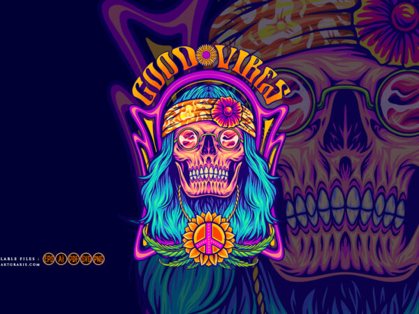 Human skull dressing bohemian hippie style good vibes illustrations graphic t shirt