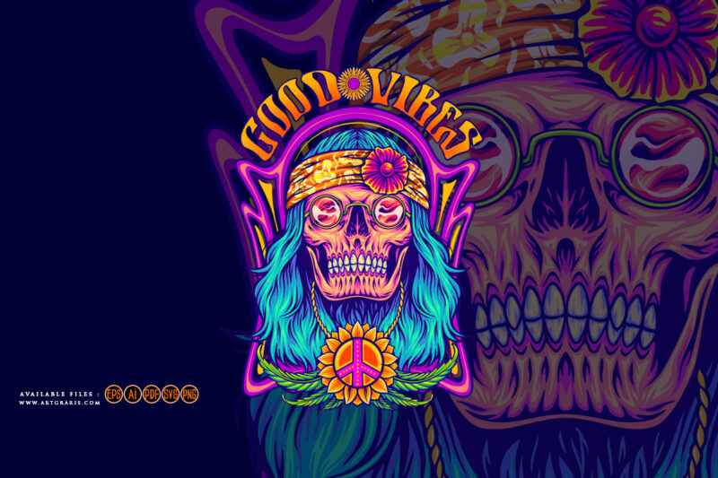Human skull dressing bohemian hippie style good vibes illustrations
