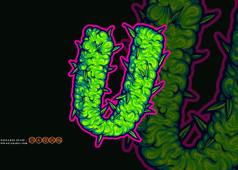 Letter U with hemp buds texture artistic monogram illustrations