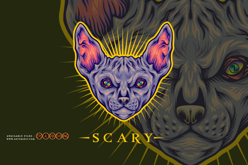 Mystical sphynx cat head with fiery aura illustrations