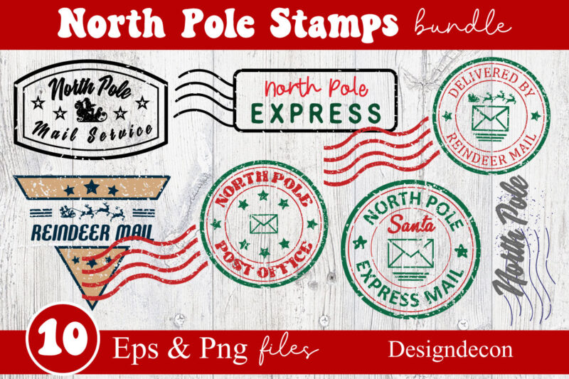 north pole rubber stamps bundle, post stamp designs set, santa stamp design collection, north pole stickers, christmas logo, reindeer express special delivery badge, shipping labels, santa’s mail, post stamp sticker