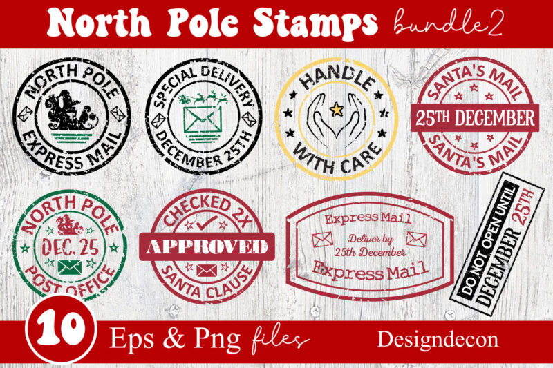 North Pole Rubber Stamps Bundle, Post stamp designs set, Santa Stamp design collection, North pole stickers, Christmas logo, Reindeer Express special Delivery Badge, Shipping labels, Santa's Mail, Post stamp Sticker