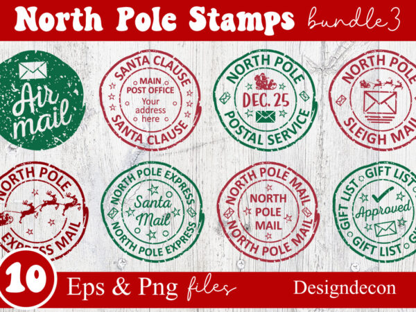 North pole rubber stamps bundle, post stamp designs set, santa stamp design collection, north pole stickers, christmas logo, reindeer express special delivery badge, shipping labels, santa’s mail, post stamp sticker