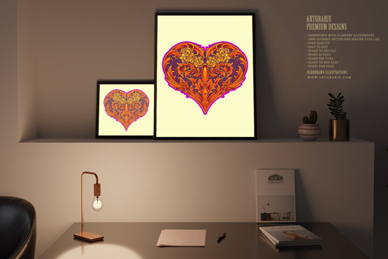 Classical engraved petal heart shaped sophisticated illustrations