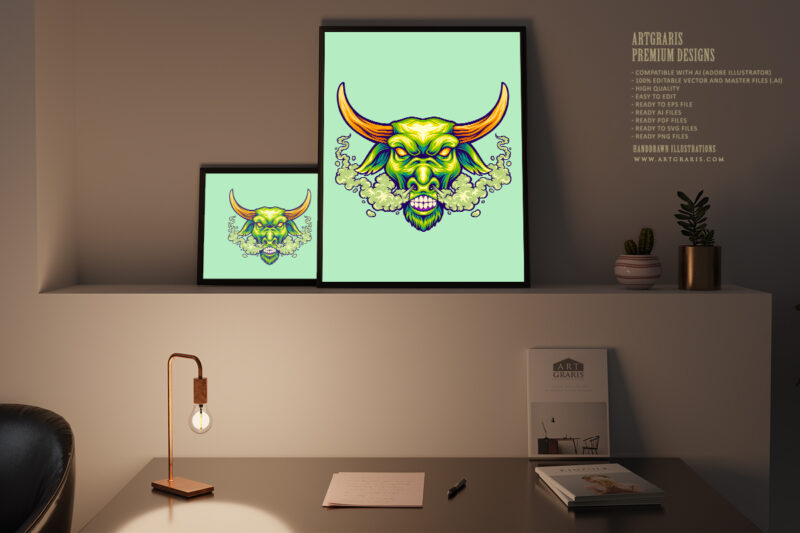 Aggressive bull head with fierce eyes powerful illustrations