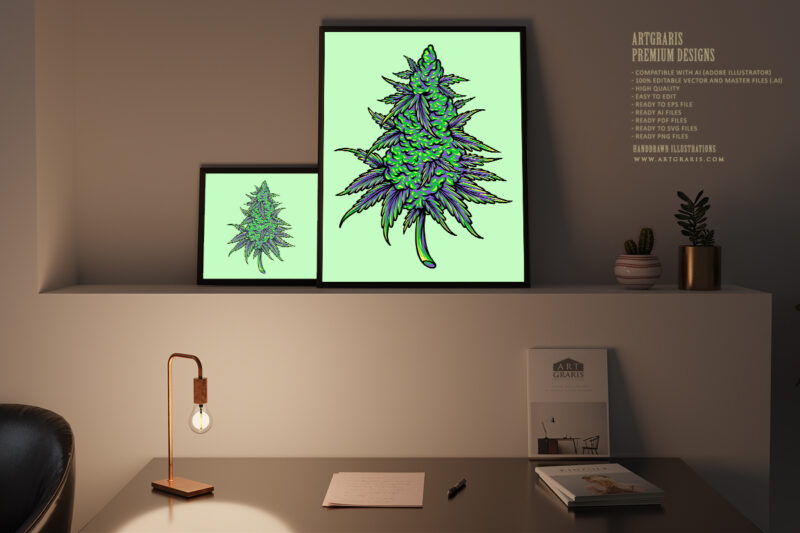 Cannabis sativa bud medicinal hemp plant illustrations