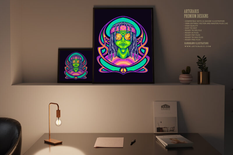 dreadlock alien dressing hippie with nouveau background illustrations