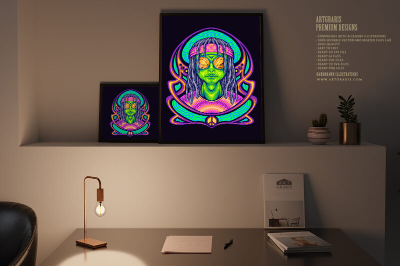 dreadlock alien dressing hippie with nouveau background illustrations