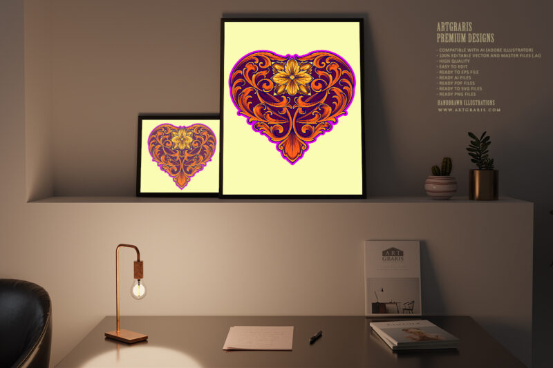 Classic engraved petal ornament heart shaped illustrations