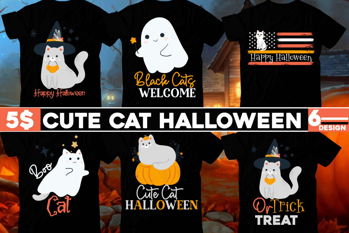 Cute Cat Halloween T-Shirt Design Bundle,Cat SVG Mini Bundle,Cat T ...