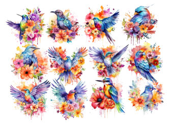 Rainbow Flower Bird Watercolor Clipart