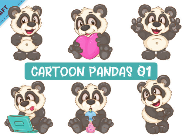 Set of cartoon pandas 01. clipart. t shirt template vector