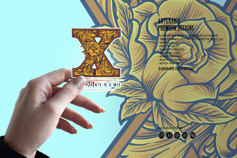 Floral monogram alphabet X elegant engraved ornament