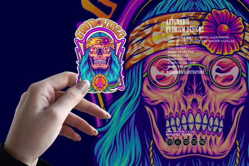 Human skull dressing bohemian hippie style good vibes illustrations