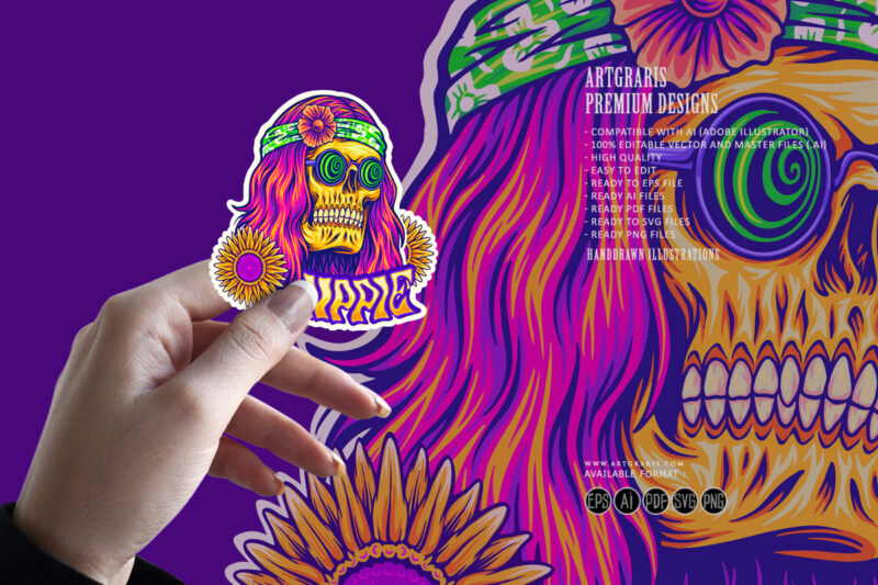 Trippy skull dressing bohemian style hippie illustrations