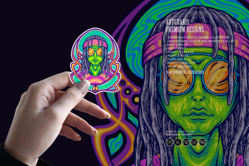 dreadlock alien dressing hippie with nouveau background illustrations