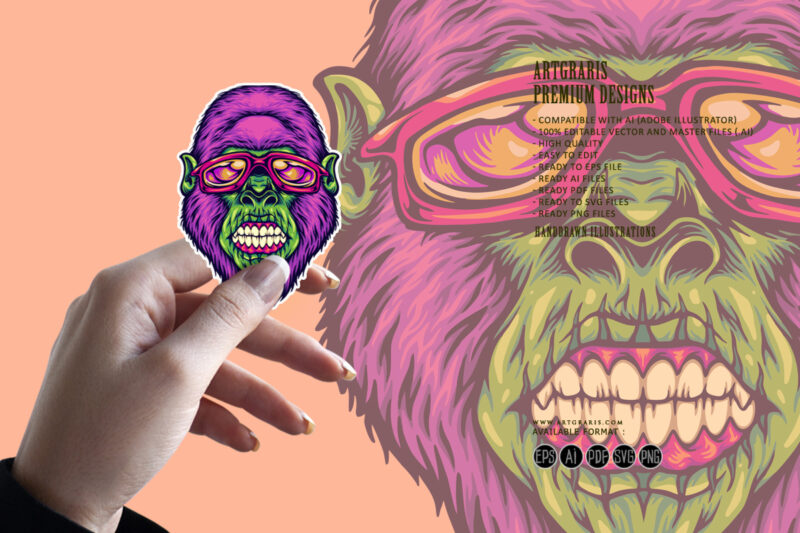 Gorilla head sporting sunglasses eye catching illustrations