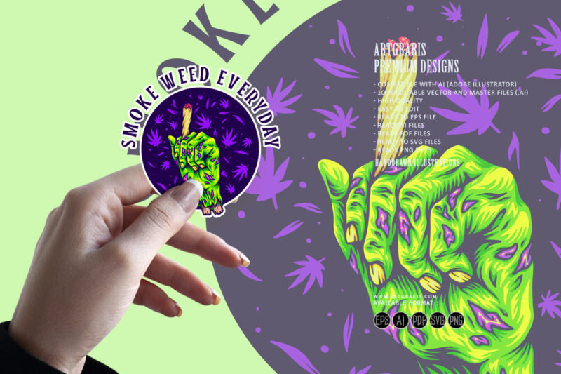 Zombie hand holding lit cannabis joint creepy illustration
