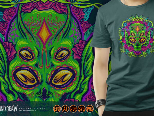 Alien sugar skull with a blooming rose frame surreal illustrations t shirt vector Alien sugar skull with a blooming rose frame surreal illustrations t shirt vector
