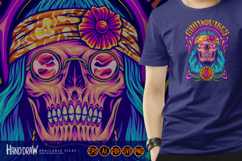 Human skull dressing bohemian hippie style good vibes illustrations