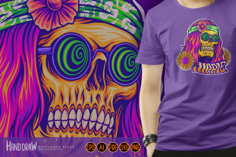Trippy skull dressing bohemian style hippie illustrations