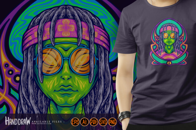 dreadlock alien dressing hippie with nouveau background illustrations