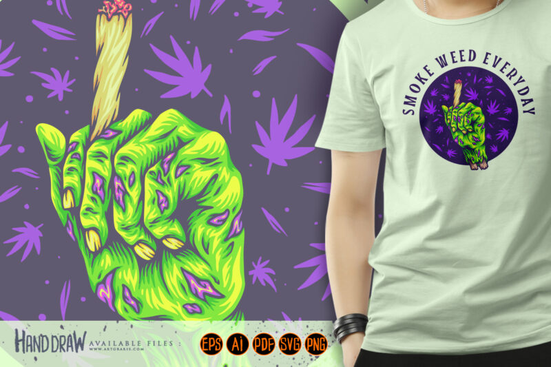 Zombie hand holding lit cannabis joint creepy illustration