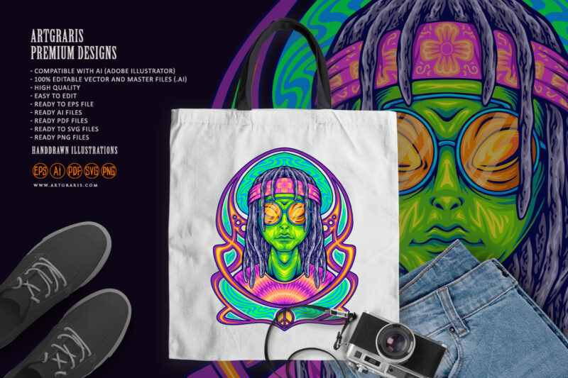 dreadlock alien dressing hippie with nouveau background illustrations