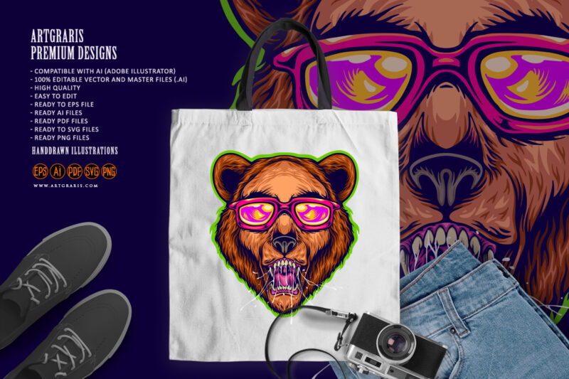 Edgy bear head wearing stylish sunglasses illustration