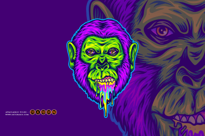 Trippy gorilla head rainbow puke logo illustrations