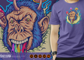 Trippy gorilla mushroom head zone out illustrations t shirt designs for sale
