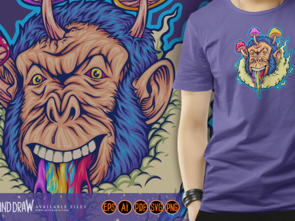 Trippy gorilla mushroom head zone out illustrations t shirt designs for sale