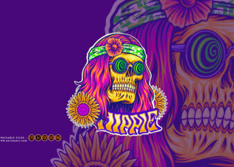 Trippy skull dressing bohemian style hippie illustrations t shirt designs for sale