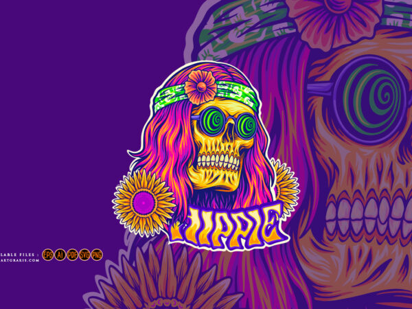 Trippy skull dressing bohemian style hippie illustrations t shirt designs for sale