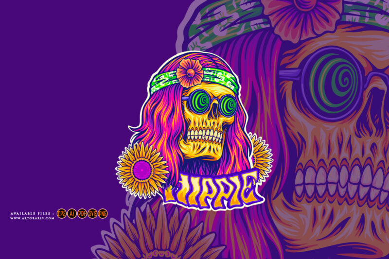 Trippy skull dressing bohemian style hippie illustrations