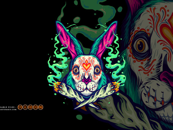 Unique bunny head sugar skull with cross weed joint illustration t shirt vector graphic