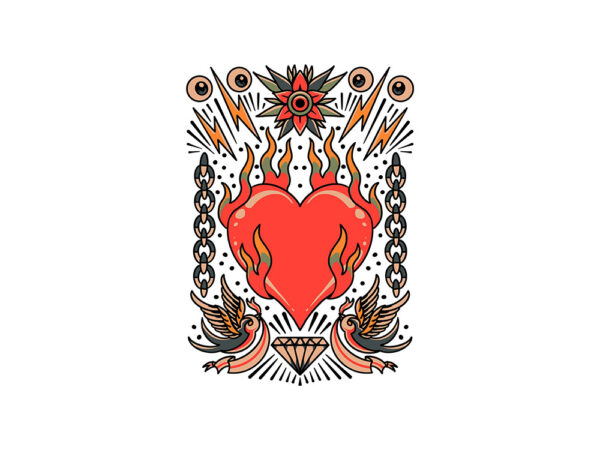 Burning heart tattoo set t shirt template